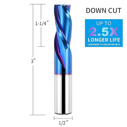 EANOSIC Downcut Spiral Router Bit 3-Flute with 1/2” Shank, 1/2” Cutting Diameter, 1-1/4” Cutting Length, Carbide CNC Router Bits End Mill for Wood Mortises Carving Engraving(3 Inch OVL)