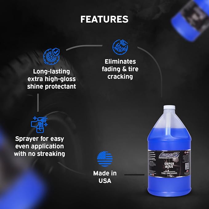 LANE'S Super Blue Tire Dressing Spray | High-Gloss Car Tire Shine Spray | No Sling, No Run, Long Lasting | Protects from Cracks & UV Rays | Non-Greasy Automotive Dressing & Cleaner | 1 Gallon