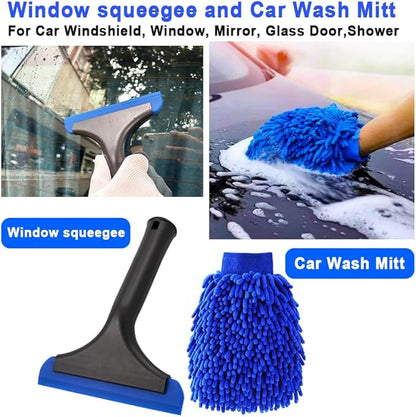Window Tint Tool Small 6" Silicone Handy Cleaning Squeegee and Car Wash Mitt Chenille Microfiber Super Absorbent for Car Windshield, Window, Mirror, Glass Door,Shower(Blue)