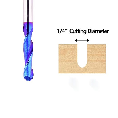 CNC Router bit 1/4inch Shank Extra Long 3inch Carbide Ball Nose End Mill with Nano Blue Coating for Side Milling End Milling Finish Machining (1/4" x1-1/8 x3)