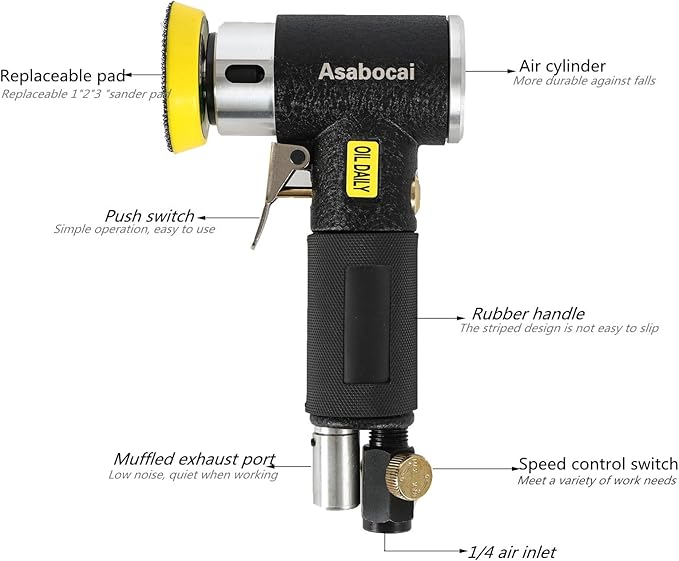 2'' 3'' Mini Orbital Air Sander, Small Pneumatic Random Orbital Sander with Hook And Loop Sanding Pads,M6 Thread Plate