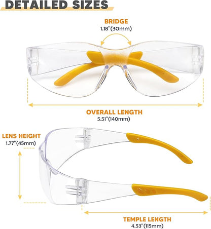 SATTRON Clear Safety Glasses 24PK, Protective Eyewear Polycarbonate Lens with Rubber Temples ANSI Z87.1 Anti-Scratch Impact Resistant Eye Protection for Man Woman Clear Lens/Yellow Frame