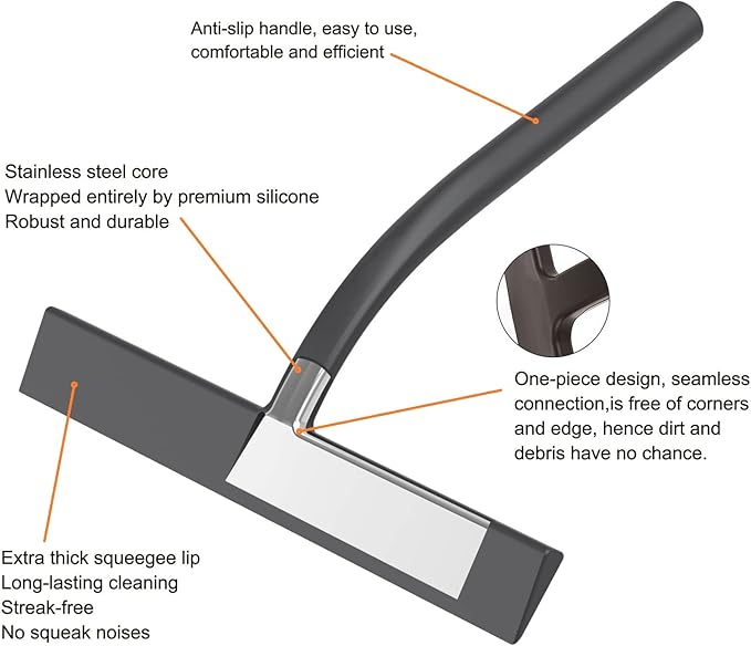 Anlynwooh All -Purpose Silicone Shower Squeegee for Shower Glass Door with Hook, Bathroom Accessories for Window Mirror Tile Car Shower Walls,Household Shower Cleaner Tool (Black, 9 inch(2hooks)