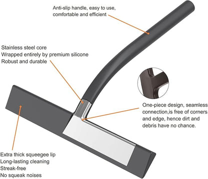 Anlynwooh All -Purpose Silicone Shower Squeegee for Shower Glass Door with Hook, Bathroom Accessories for Window Mirror Tile Car Shower Walls,Household Shower Cleaner Tool (Black, 11inch)