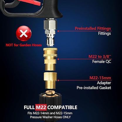 Short Pressure Washer Gun with Swivel, Anti-Tangle Design, Max 4000 PSI, Heavy Duty, 3/8" QC & M22 14/15mm Inlet, 1/4" Quick Connect Outlet for Car Detailing