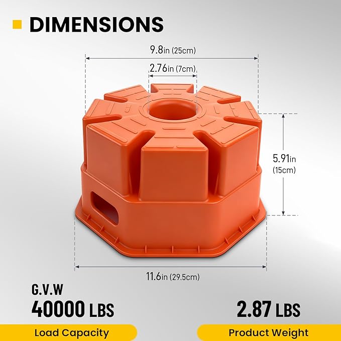 HOXWELL 6"H Trailer Jack Block, 40000 lbs Capacity per Camper RV Stabilizer Blocks for Any Tongue Jack, Post, Foot, 5th Wheels, Round Square or Scissor Stabilizer, Stackable & Portable, 1 Pack, Orange