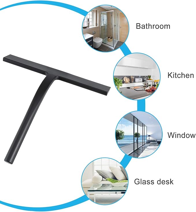 Anlynwooh All -Purpose Silicone Shower Squeegee for Shower Glass Door with Hook, Bathroom Accessories for Window Mirror Tile Car Shower Walls,Household Shower Cleaner Tool (Black, 9 inch(1 Hook)