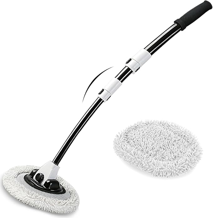 15° Curved Car Wash Brush with Long Handle 43" Microfiber Cleaning Mop Telescopic Extension Pole for Caravan RV Truck Auto SUV Wheel Boat Exterior 2 in 1 Carwash Duster Not Hurt Paint Scratch Free
