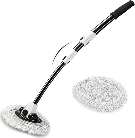 15° Curved Car Wash Brush with Long Handle 43" Microfiber Cleaning Mop Telescopic Extension Pole for Caravan RV Truck Auto SUV Wheel Boat Exterior 2 in 1 Carwash Duster Not Hurt Paint Scratch Free