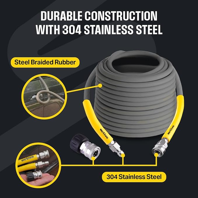 Active 100’ Pressure Washer Hose Compatible with gas and electric pressure washers (M22-14mm) Kink resistant, flexible steel braided power washer hose, max operating spec of 4000PSI & 12GPM and 212°F