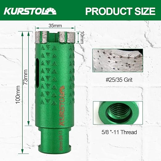 KURSTOL Diamond Core Drill Bits - 2pcs 1-3/8 Inch with 58-11 Thread Granite Hole Saw Dry or Wet Drilling Hard Stone Marble Concrete Quartz Countertop Laser Welded Masonry Coring(35mm)