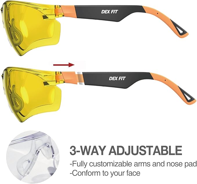 DEX FIT Safety Glasses SG210, Z87 Eye Protection, Anti-Fog & Scratch Resistant, Adjustable for Women and Men, Blue Light Blocking & UV Protection (Black & Orange Frame, Yellow Lens)