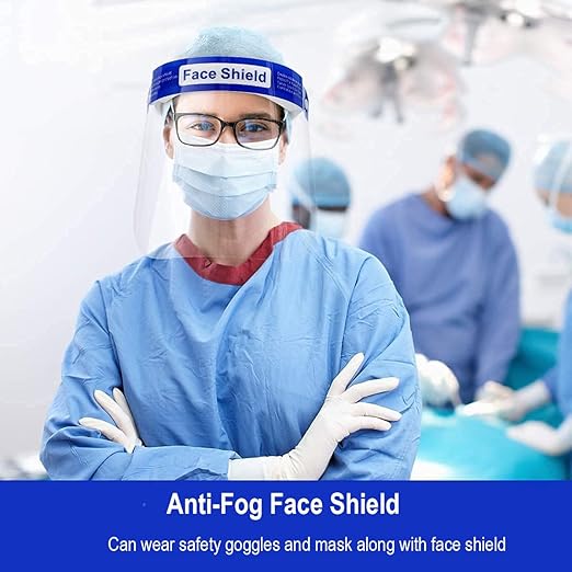EYEGLASSTOR 10 Pcs Face Shield, Anti-Fog Clear Full Face Shield Mask - Adjustable Headband & 12.52 Inch Extended Coverage, Reusable PET Plastic PPE Splash Proof Face Protection