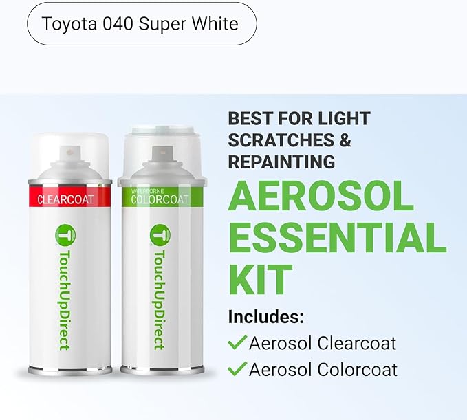 TouchUpDirect Car Paint Touch Up Spray Kit – Toyota 040 Super White Exact Match Auto Paint Kit with Car Color Spray and Clearcoat, for Repainting or Scratch Repair, Essential Kit