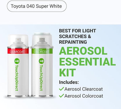 TouchUpDirect Car Paint Touch Up Spray Kit – Toyota 040 Super White Exact Match Auto Paint Kit with Car Color Spray and Clearcoat, for Repainting or Scratch Repair, Essential Kit