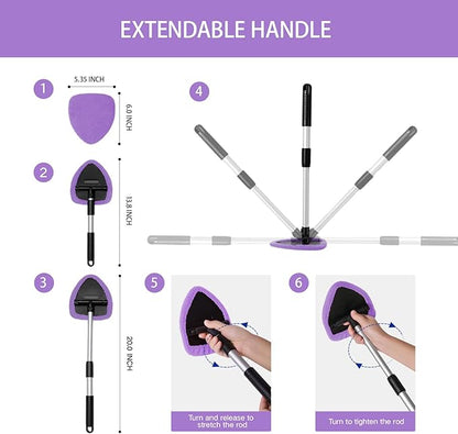 Qydipclin 7pcs Windshield Cleaner Tool Car Window Cleaning Wash Kit with 4 Reusable Microfiber Pads 1 Spray Bottle and Extendable Handle Auto Glass Wiper Kit, Purple