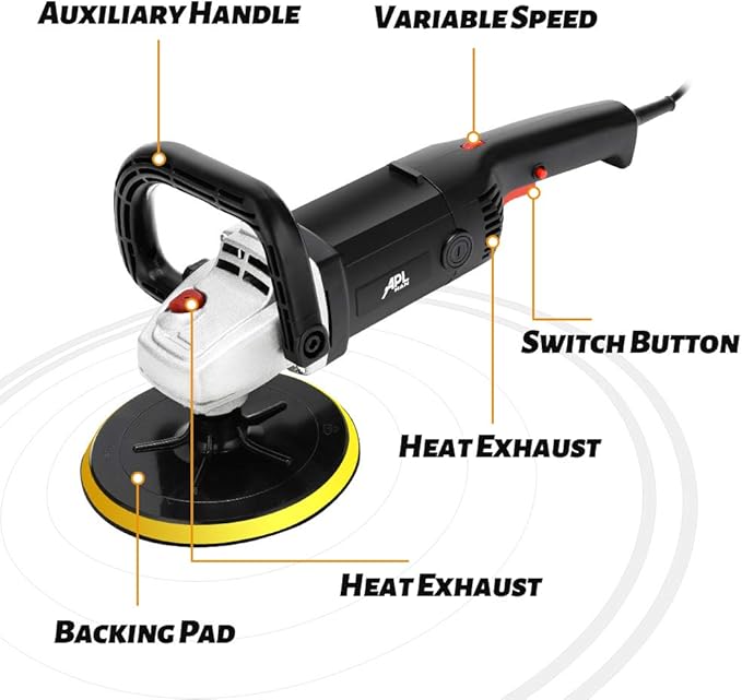 APLMAN Buffer Polisher, 7 Inch Buffer Polisher for Car with 5 Polishing Pads,6 Variable Speed Detachable Handle, Ideal for Marble Slab Wood Polishing Rust Removal Sanding and Waxing