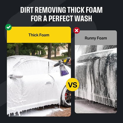 Active Foam Cannon with ¼ inch quick connector for Electric and Gas Pressure Washers. Wide-mouth bottle and variable spray to generate thick snow foam spraying for home DIY car wash & detailing.