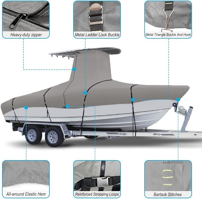 900D Marine Grade Fade and Tear Resistant Trailerable T-Top Boat Cover，Heavy-Duty Waterproof and UV-Proof TTOP Boat Storage Cover with Windproof Metal Buckle Straps Fit 20ft-22ft Long(Gray)