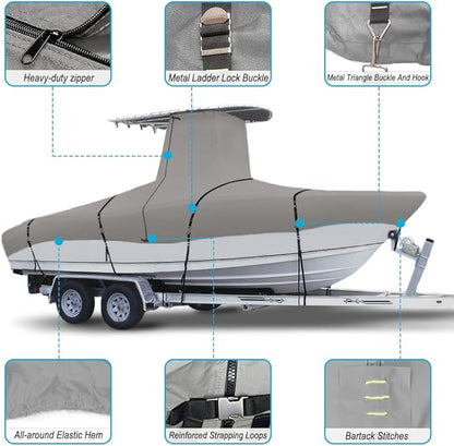 900D Marine Grade Fade and Tear Resistant Trailerable T-Top Boat Cover, Heavy-Duty Waterproof and UV-Proof T TOP Boat Storage Cover with Windproof Metal Buckle Straps Fit 22ft-24ft Long(Gray)