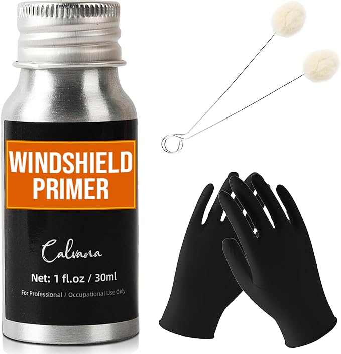 Calvana 1 fl.oz Windshield Primer, Urethane Primer for Automotive, Promotes Adhesion of Polyurethane Sealants, UV Resistant, Fast Drying, with 1 Pair Gloves, 2 Applicator Sticks, Black