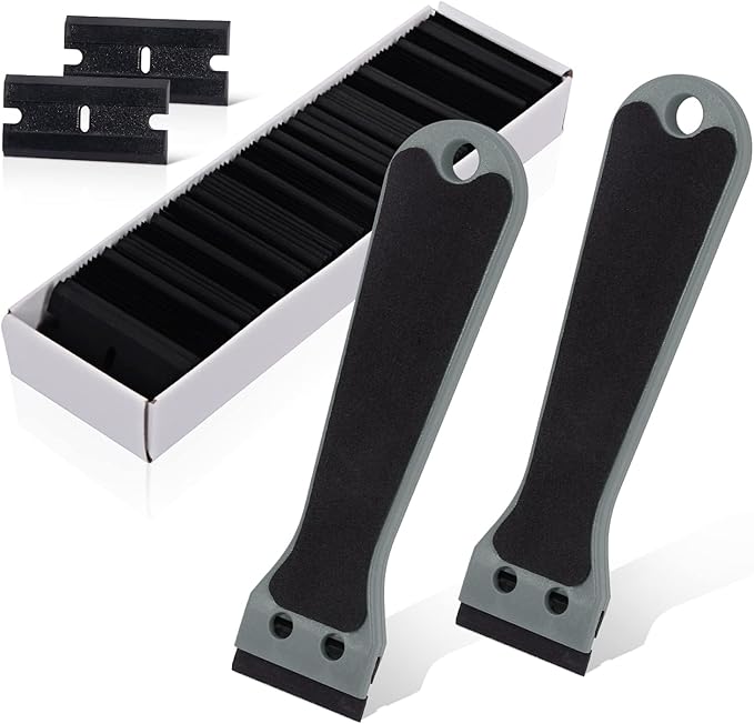 EHDIS 2pcs Plastic Razor Scraper 6-inch Long Handle Adhesive Remover Tool with 100 Double-Edge Blades for Window Tint Vinyl Scraper Decal Sticker Glue Remover (grey)