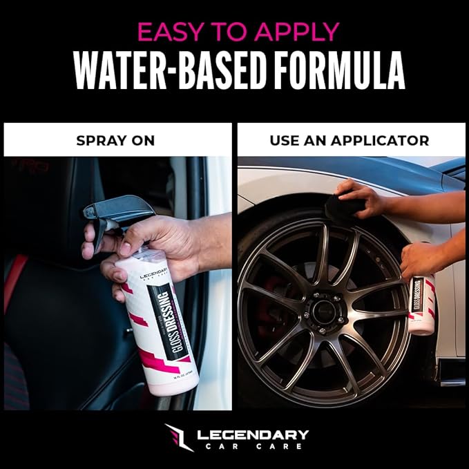 Legendary Gloss Dressing 64oz (Half Gallon) - Tire Shine Spray & Plastic Restorer – Water Based & Non-Greasy Interior/Exterior Detailing Spray - Trim, Rubber, Vinyl & Plastic Restorer for Cars