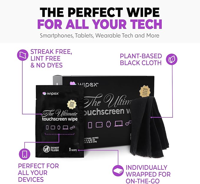 Wipex Car Screen Cleaner & Dashboard Cleaner Bundle - Auto Screen Wipes, Plant-Based Black Cloth, 24 Individually Wrapped Screen Wipes & 40 Interior Cleaning Wipes for Streak-Free Polish