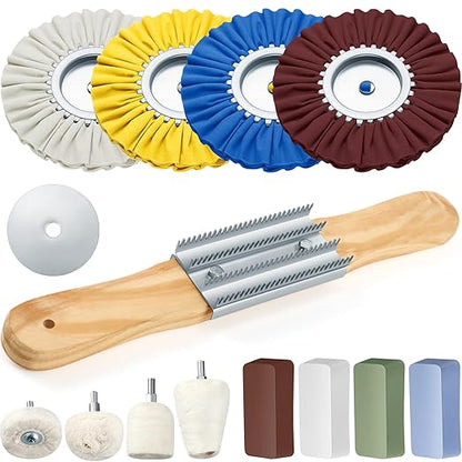 Liliful 15 Pcs 8" Airway Polishing Wheel Kit in Diameter 5/8", Metal Aluminum Buffing Wheel and Polishing Compound and Buffing Drill and Rake Pad for Angle Grinder Mirror Metal Finish (Dark Color)