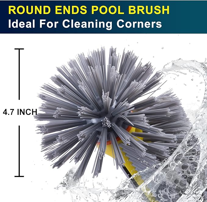POOLAZA Pool Brush Head with Round Ends, Heavy Duty Pool Brushes for Cleaning Pool Walls, Floors Steps & Corners, 17.5" Pool Brush with Sturdy Aluminum Handle & Durable Nylon Bristles (Yellow)
