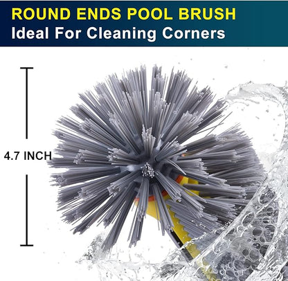POOLAZA Pool Brush Head with Round Ends, Heavy Duty Pool Brushes for Cleaning Pool Walls, Floors Steps & Corners, 17.5" Pool Brush with Sturdy Aluminum Handle & Durable Nylon Bristles (Yellow)