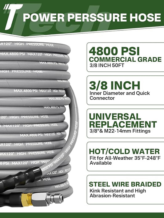 3/8" 4800PSI Pressure Washer Hose 50FT with Swivel Quick Connect for Cold/Hot Water Max 248°F, Kink Resistant Steel Wire Braided, Wear Resistant Power Washer Hose with M22 14mm Adapter