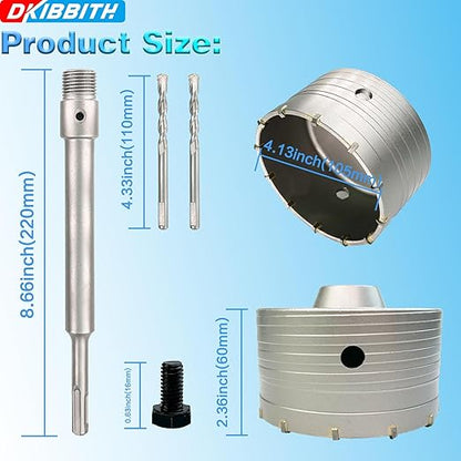 4-1/8" Concrete Hole Saw, 105mm Tungsten Steel Core Bit for Cinder Block, Brick, Rock, Plank Walls for Pipes or mini Split Lines, with SDS Plus Shank and 2 Center Positioning Drill Bits.