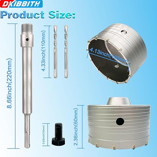 4-1/8" Concrete Hole Saw, 105mm Tungsten Steel Core Bit for Cinder Block, Brick, Rock, Plank Walls for Pipes or mini Split Lines, with SDS Plus Shank and 2 Center Positioning Drill Bits.