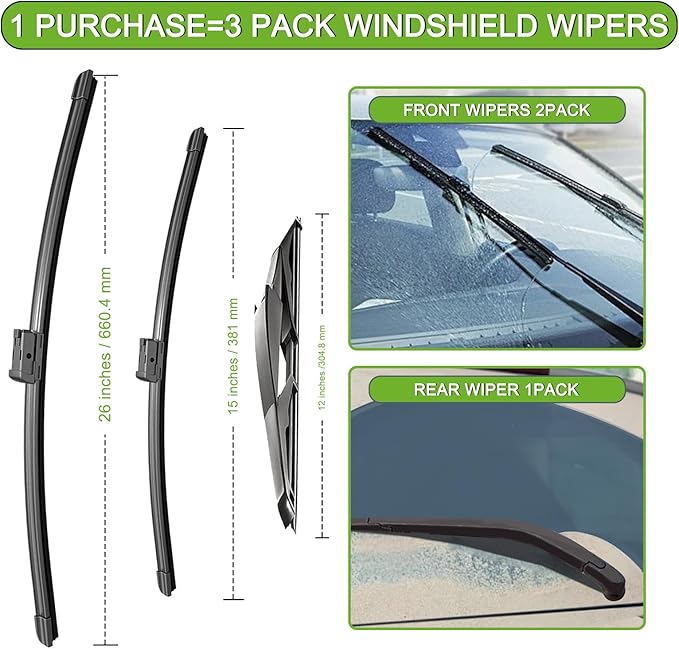 PARRATI® Windshield Wipers for Ford Fiesta 2009-2019,26"+15" Front and 12" Rear,OEM Replacement Wiper Blades,Quiet & Streak-Free(Set of 3)