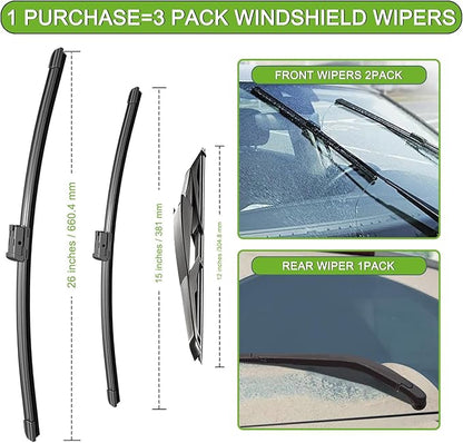 PARRATI® Windshield Wipers for Ford Fiesta 2009-2019,26"+15" Front and 12" Rear,OEM Replacement Wiper Blades,Quiet & Streak-Free(Set of 3)