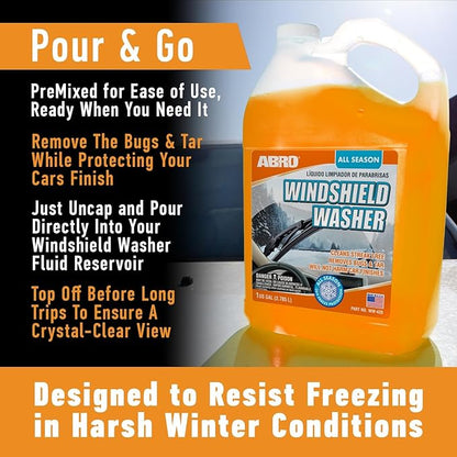 ABRO Car Windshield Washer Fluid: 1 Gallon, All Season/Weather Vehicle Window Cleaner | Streak-Free Clean | Bug and Tar Remover for Cars