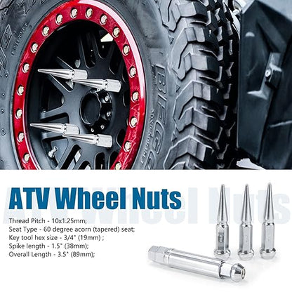 JiiinMiiin M10x1.25 Long Steel Spike Lug Nuts, Thread Pitch 10x1.25, Set of 16 ATV Wheel Nuts with A Socket. [Chrome]