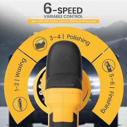 Cordless 6" DA Buffer Polisher Compatible with Dewalt 20V Battery(Tool Only), Brushless, 5500 OPM, 15mm/21mm Orbit, 6-Speed Random Orbital Car Polisher Waxer for Detailing