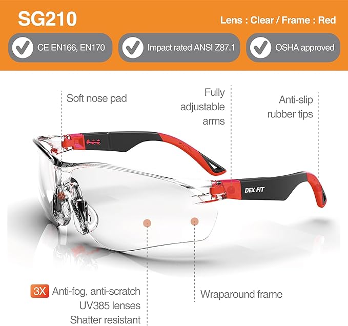 DEX FIT Safety Glasses SG210, Z87 Eye Protection, 3X Anti-Fog & Scratch Resistant, Adjustable for Women and Men, UV Protection (Black & Red Frame, Clear Lens)