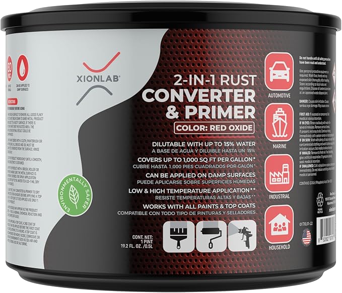 Xion Lab 2 in 1 Rust Converter & Metal Primer - Covers Up to 4X More - Industrial Grade Water Based UV Resistant Rust Reformer - No Top Coat Needed - Rust Inhibitor Works On Damp Surfaces (Pint)