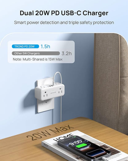 TROND Electrical Outlet Extender, 6 AC Outlet Splitter with 360° Rotating Plug, Multi Plug Adapter with PD 20W USB C, 2 USB-A & 2 USB-C, 3 Way Wall Extension Adapter for Home Office Travel Dorm
