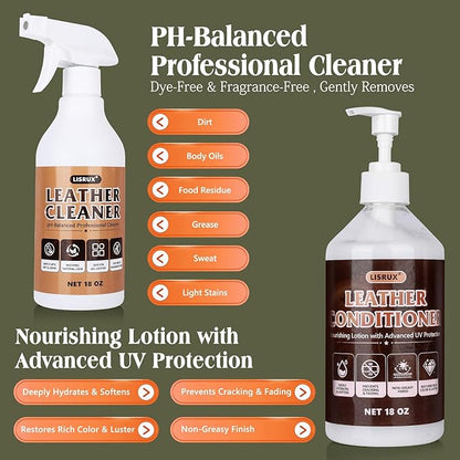Leather Cleaner and Conditioner Kit-2×18oz Leather Care For Car Seats, Furniture, Couches, Shoes & Boots, Restores & Protects All Leather For Natural, Synthetic, Faux, Pleather, pH-Balanced