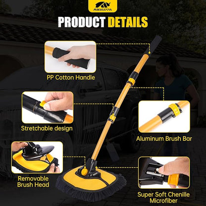 MIKKUPPA 40" Car Wash Brush with Long Handle - 15°Curved Car Cleaning Brush with Aluminum Telescopic Handle, Removable Scratch-Free Chenille Microfiber Brush Head Wash Mop for Cars RV Truck Boat
