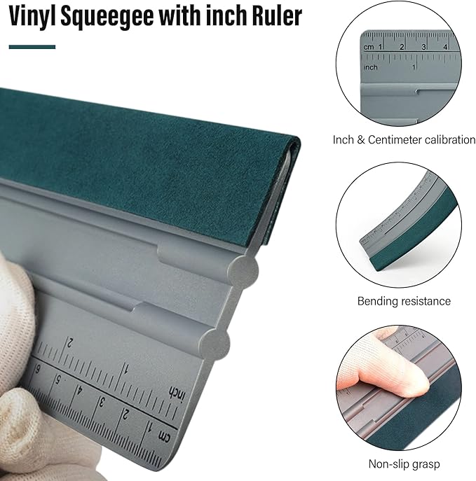 FOSHIO 12 Inch Felt Squeegee for Vinyl wtih Ruler 30CM 4 Round Corners Universal Card, Window Tint Film Installing Hard Silver PP Car Vinyl Wrap Scraper Tool