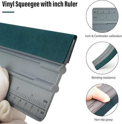 FOSHIO 8 Inch Felt Squeegee for Vinyl wtih Ruler 20CM 4 Round Corners Universal Card, Window Tint Film Installing Hard Silver PP Car Vinyl Wrap Scraper Tool
