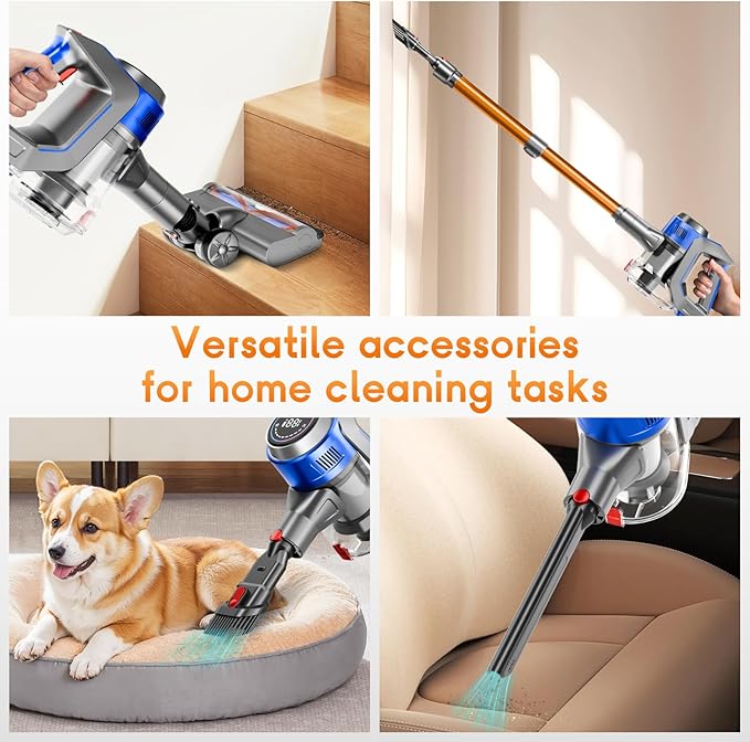 BSNAW Cordless Stick Vacuum Cleaner - Rechargeable, Powerful Vacuums with Detachable Battery Display, Max 45Mins Runtime, 8 in 1 Handheld Vacuum for Hardfloor & Carpets Pet Hair, 45Kpa Yellow