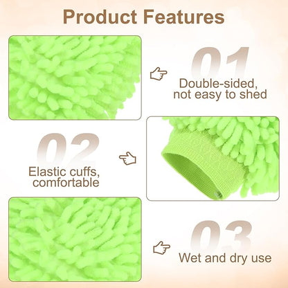 HARFINGTON Chenille Microfiber Car Wash Mitts 9.8" x 7.9" Scratch Free Wash Gloves Absorbent Double Sided Plush Cleaning Drying Mitts for Car Washing Home Light Green