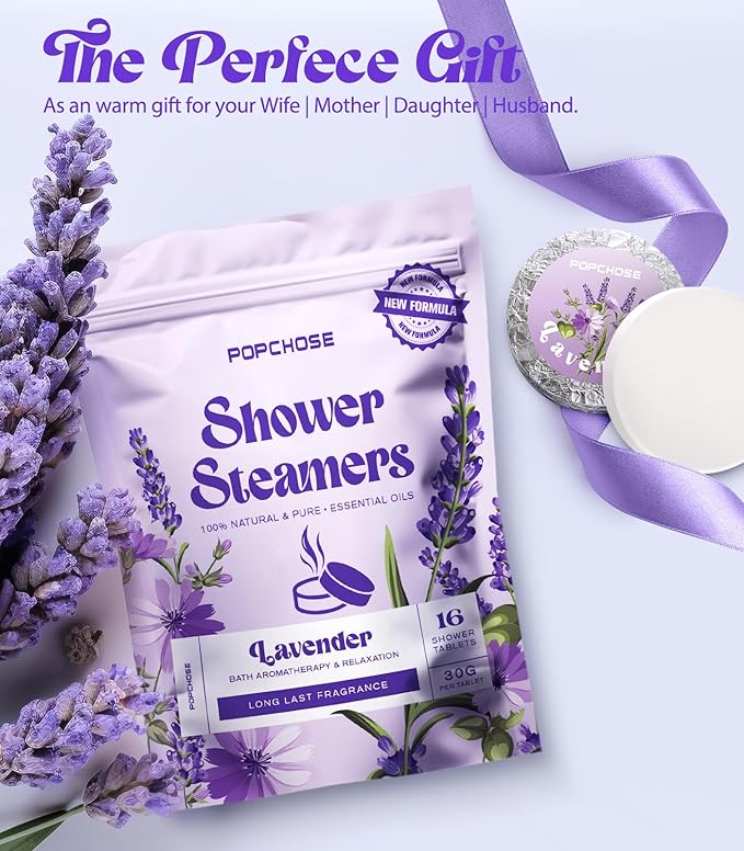 POPCHOSE Shower Steamers Aromatherapy - Christmas Stocking Stuffers for Women & Men,16 Pack Lavender Natural Essential Oils Shower Tablets, Self Care Relaxation & Home SPA, Birthday Gifts for Women