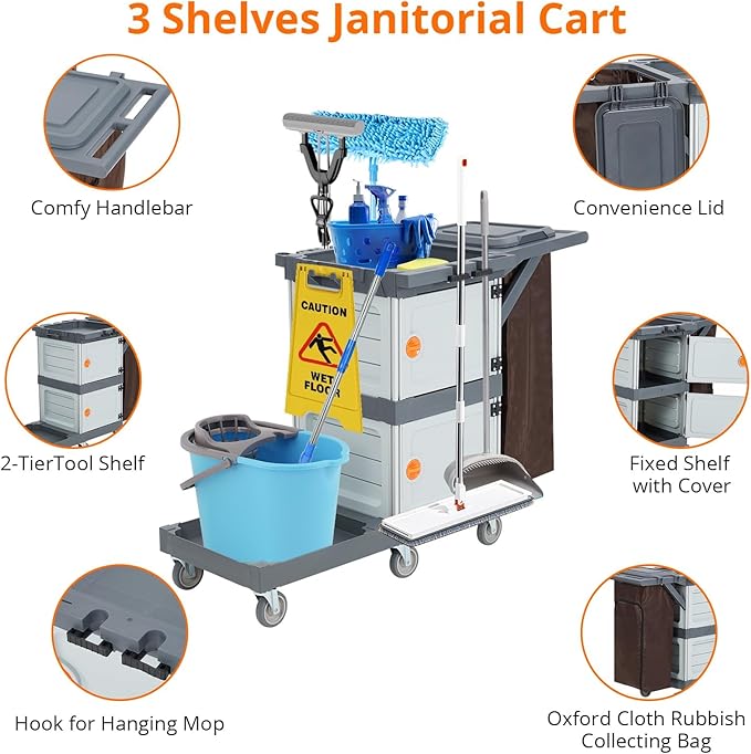 Commercial 3-Shelf Janitorial Cart with 2 Cabinets/Shelves, Commercial Traditional Wheeled Cleaning Cart with Cover and Oxford Bag, 300 Lb Capacity, Suitable for Schools, Hotels, Apartments